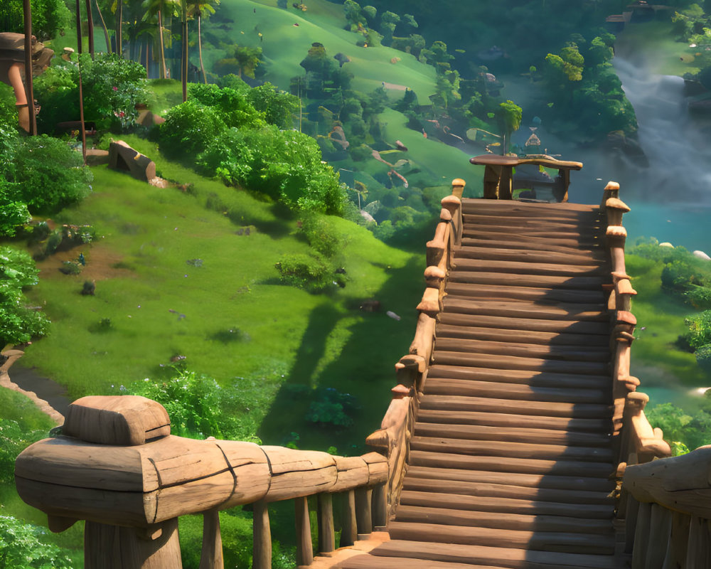 Wooden bridge over lush valley with waterfall and gazebo