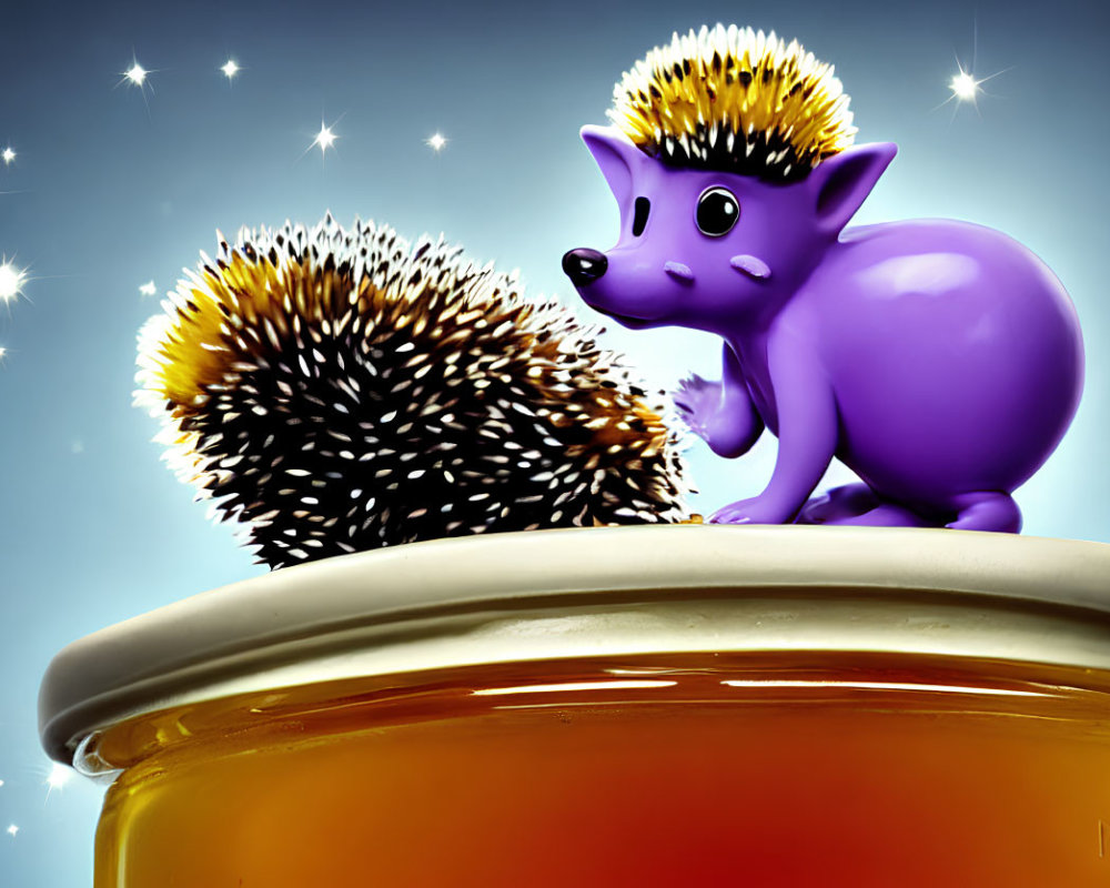 Purple and yellow hedgehog illustration with realistic hedgehog on golden jar under starry sky