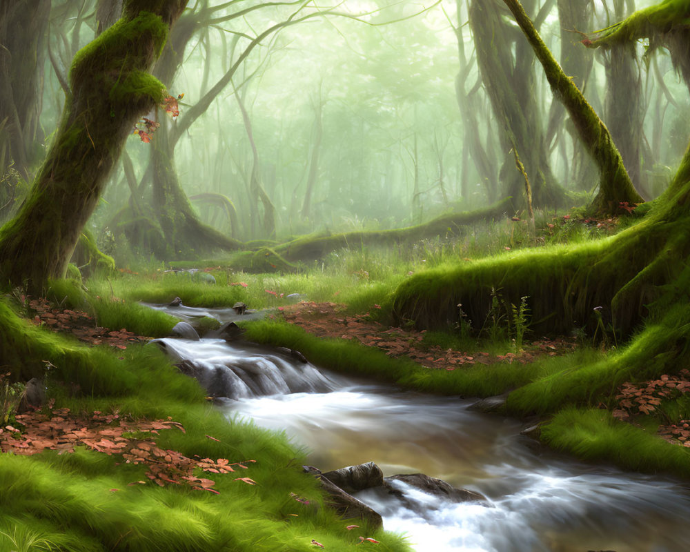 Tranquil Forest Stream with Greenery and Misty Atmosphere