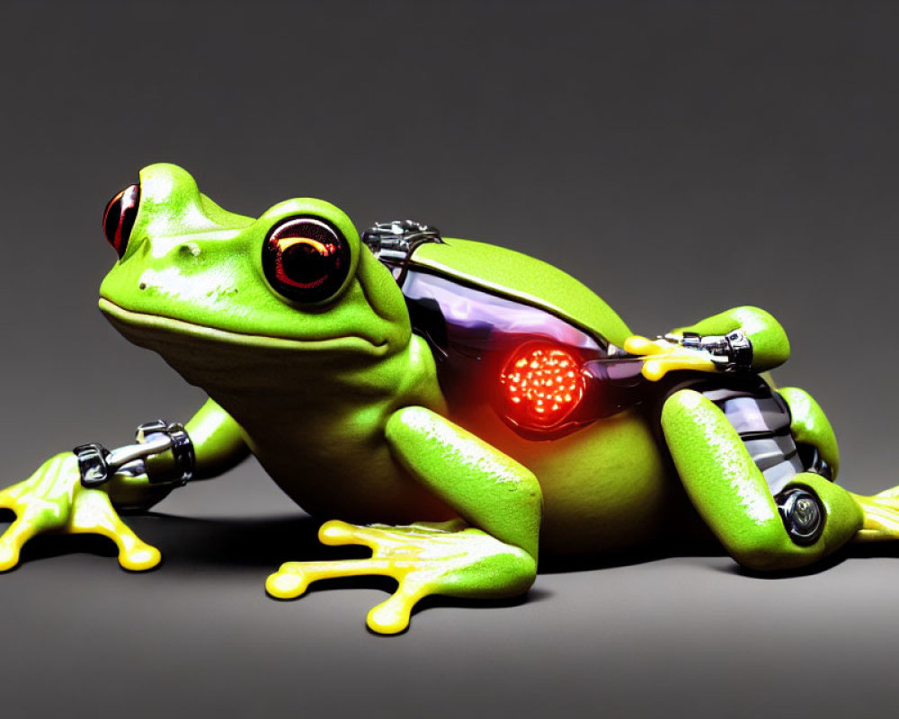 Cybernetic frog with glowing red eyes on dark background