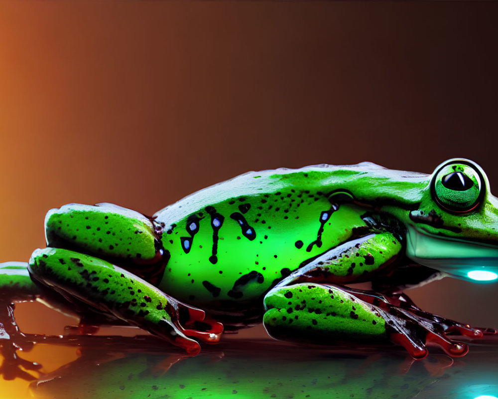 Colorful Green Frog with Black Spots on Reflective Surface