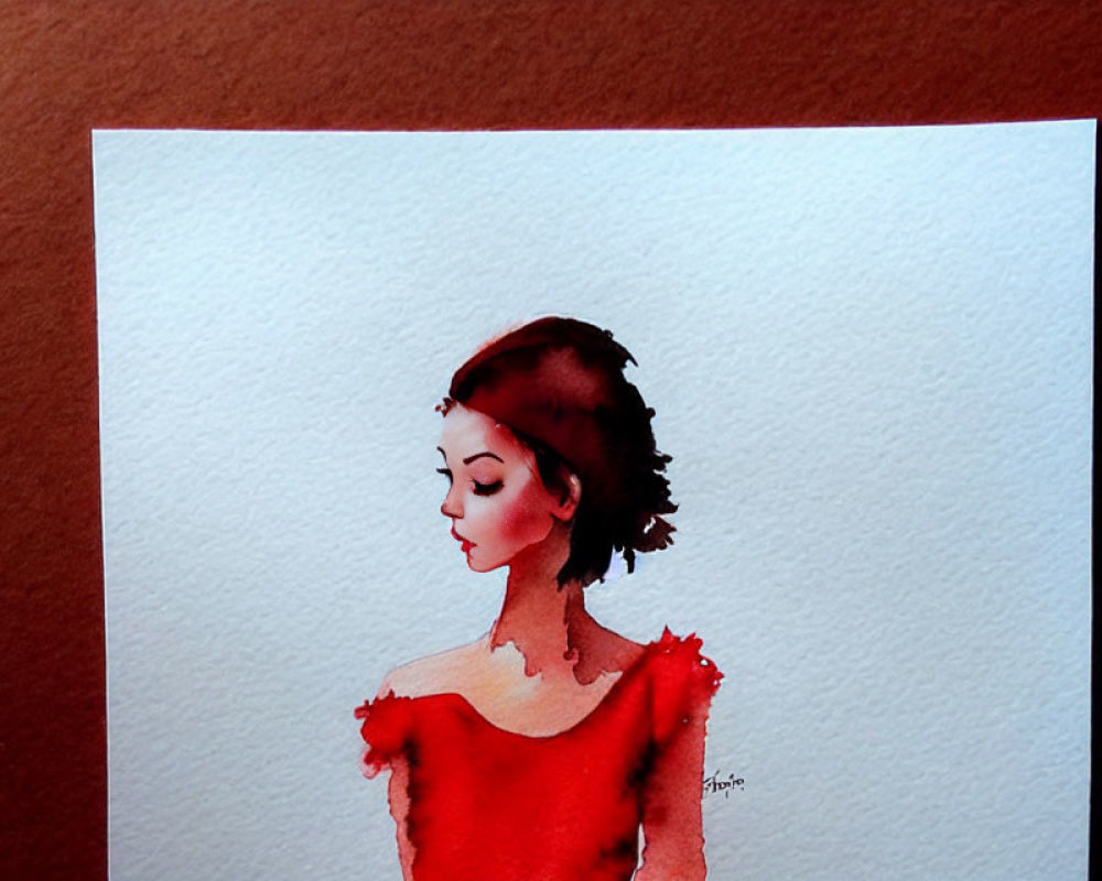 Profile Portrait of Woman in Red Dress Watercolor Painting with Artist's Signature