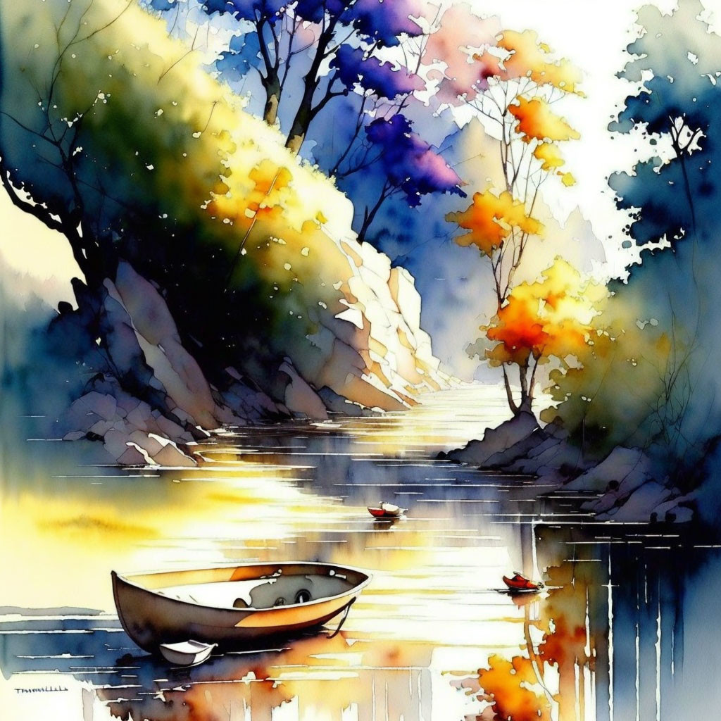 Tranquil watercolor painting of small boat on calm river