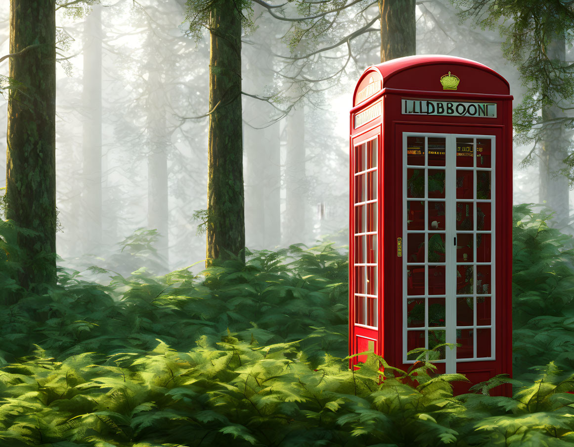 Iconic red telephone box in lush forest setting with fern undergrowth