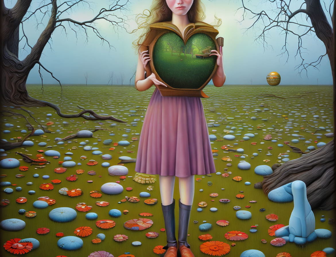 Surreal image: girl holding open book with landscape, colorful flora, whimsical objects