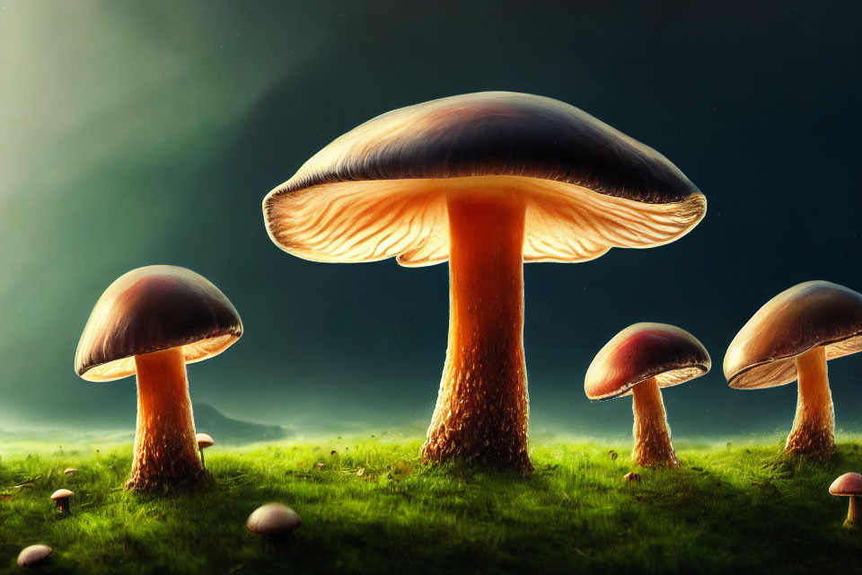 Cluster of Various Sized Mushrooms on Grassy Field under Dark Sky