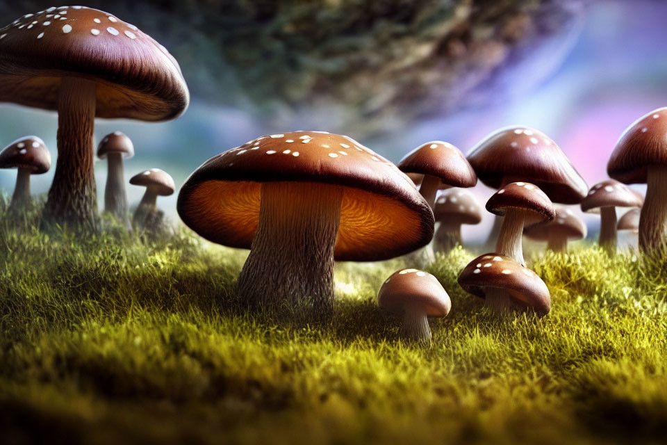 Realistic large brown mushrooms with white spots on lush green mossy ground