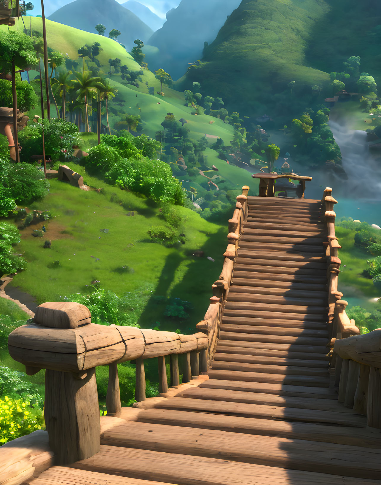 Wooden bridge over lush valley with waterfall and gazebo