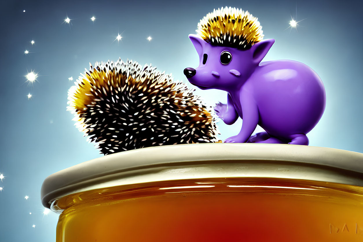 Purple and yellow hedgehog illustration with realistic hedgehog on golden jar under starry sky