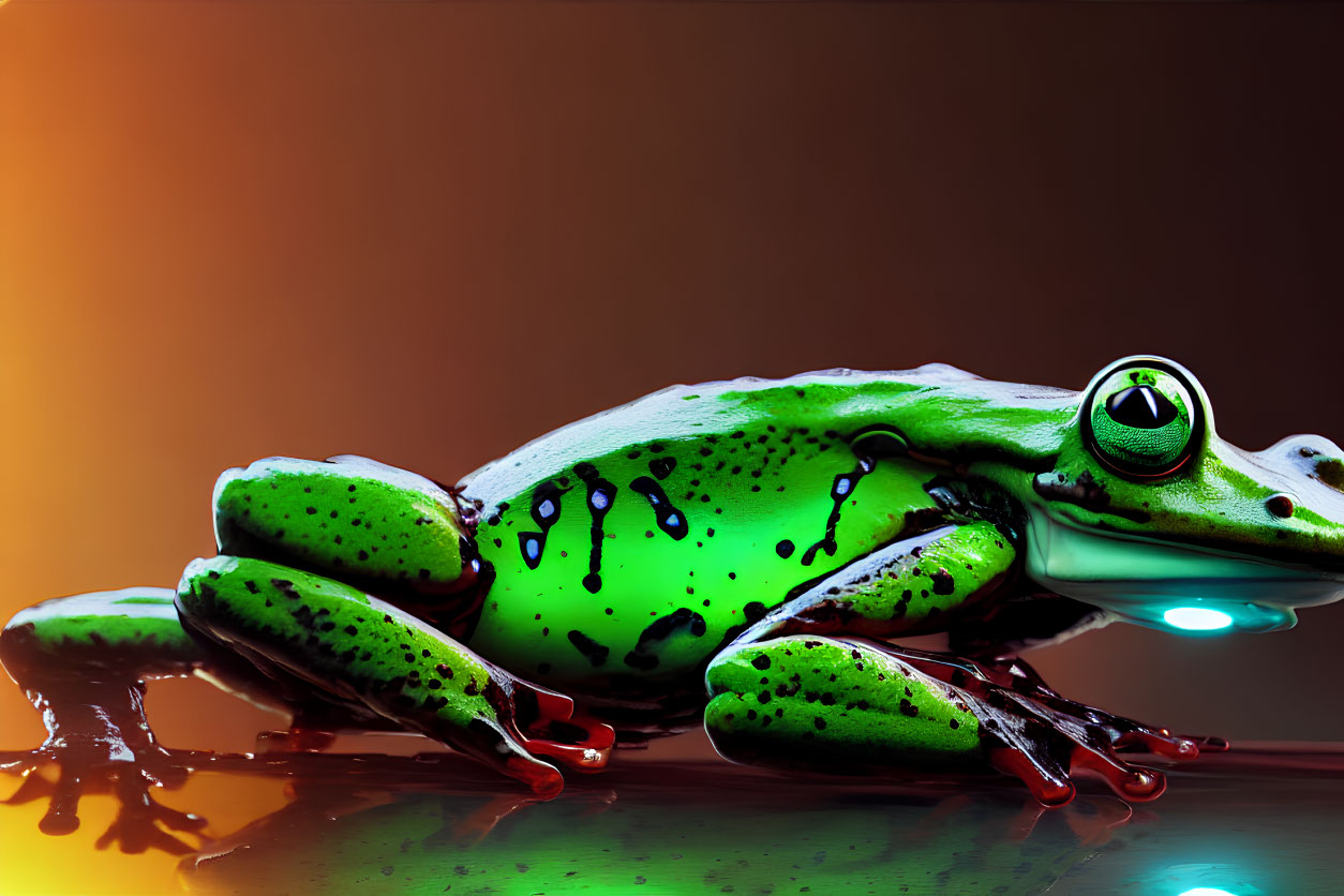 Colorful Green Frog with Black Spots on Reflective Surface