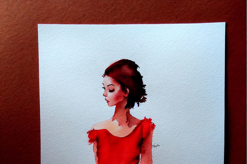 Profile Portrait of Woman in Red Dress Watercolor Painting with Artist's Signature