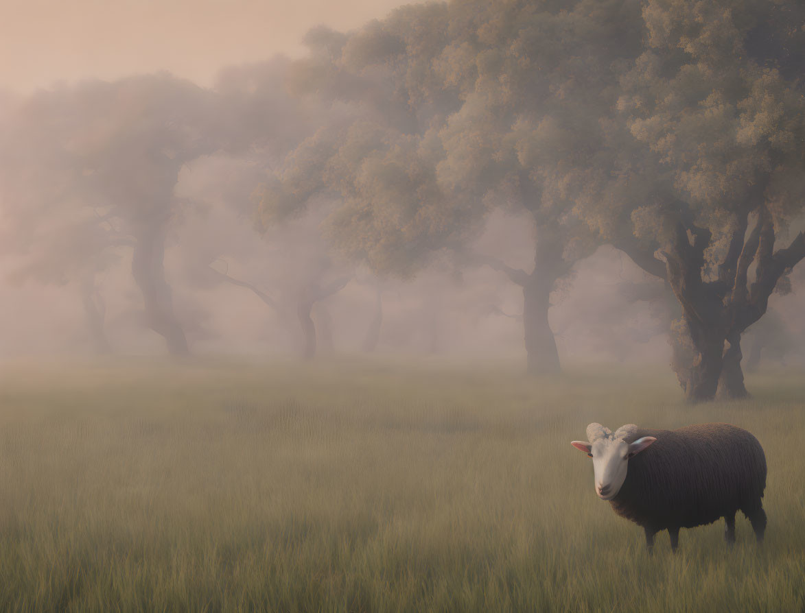 Serene misty meadow with solitary sheep and tree silhouettes