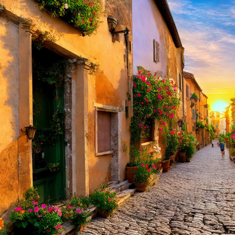 Picturesque village street with old houses and vibrant flowers at sunset