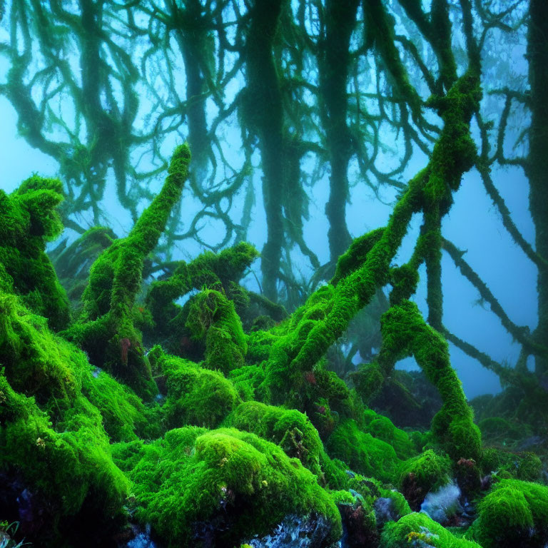 Moss-covered forest with foggy ambiance
