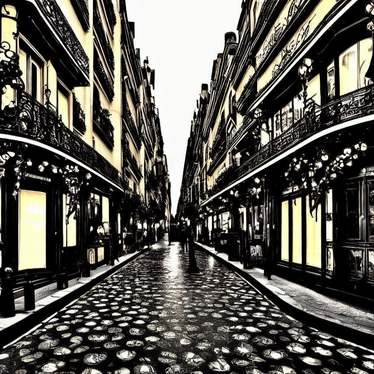 Monochrome image of narrow European street with cobblestones