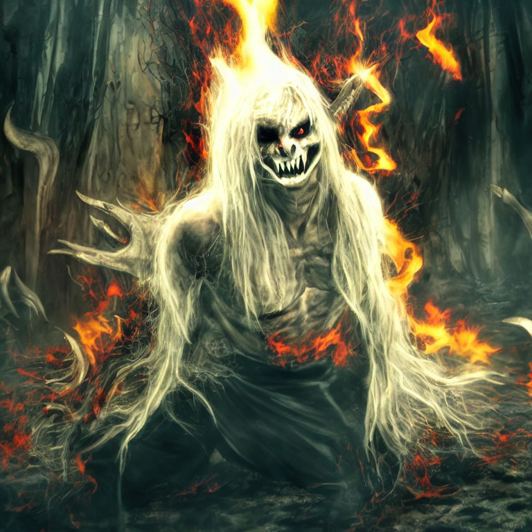 Sinister skull-faced creature with long claws and fiery aura in dark forest