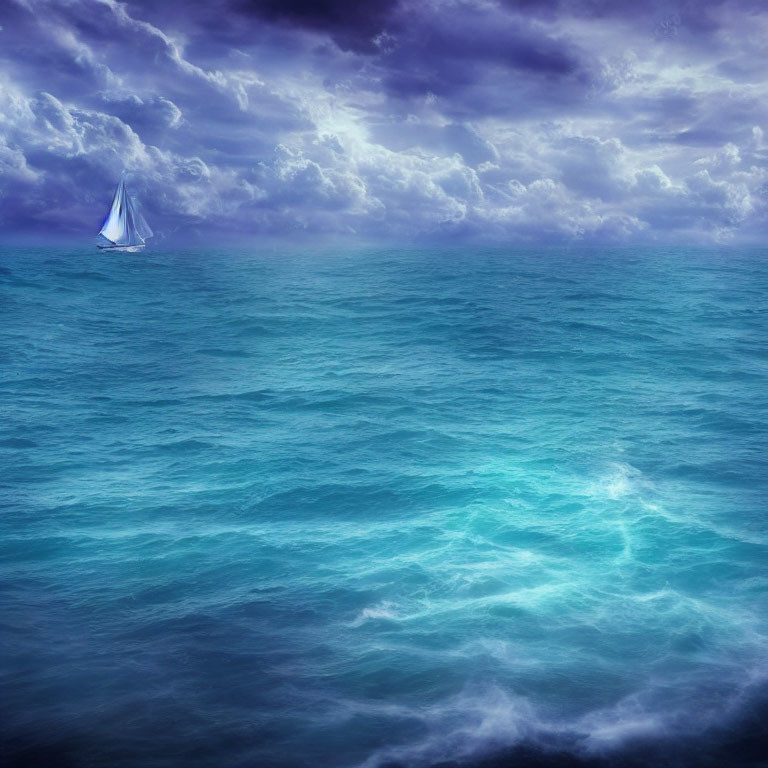 Sailboat sailing on deep blue ocean under purple sky