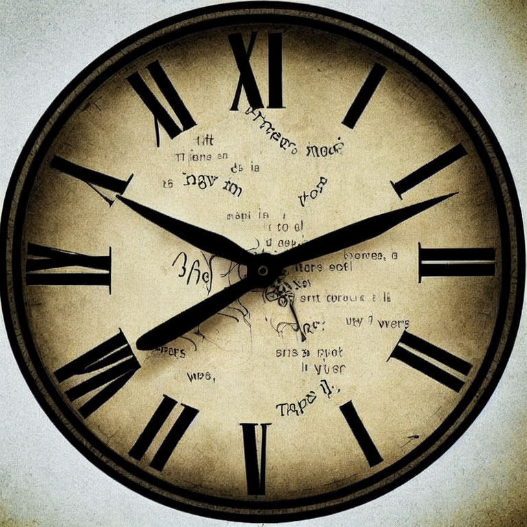 Vintage Clock Face with Roman Numerals and Handwritten Words
