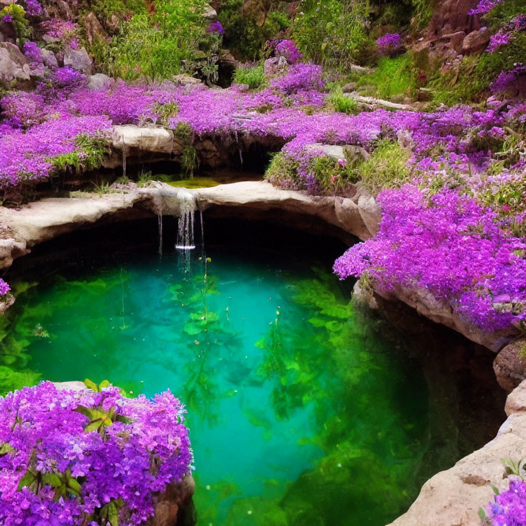 Lush purple flowers and small waterfall in vibrant pond