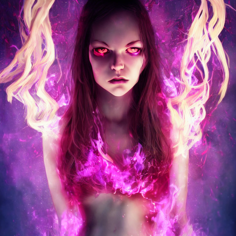 Intense Female Character with Red Glowing Eyes and Fiery Energy on Purple Background