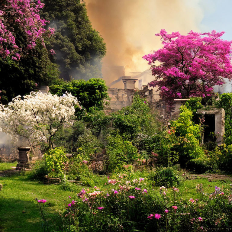 Lush garden with pink and white flowers and rising smoke against clear sky