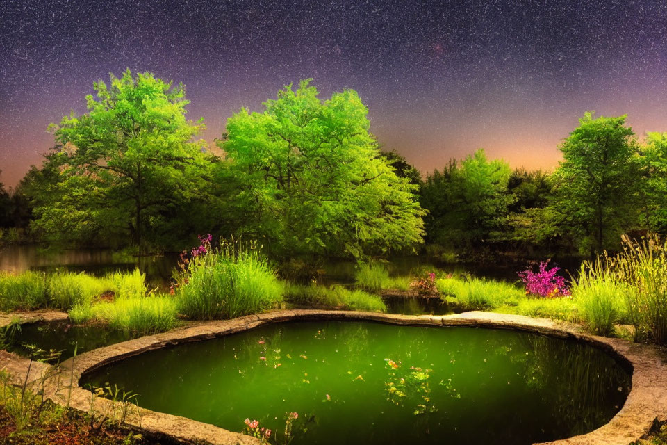 Tranquil pond with starlight reflection, lush greenery, wildflowers, and starry night