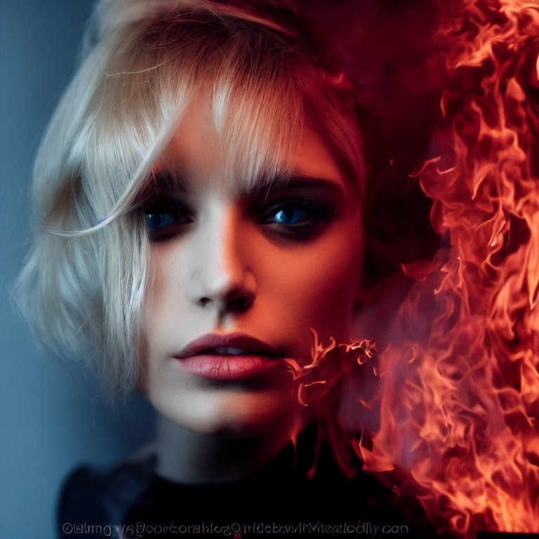 Portrait of Woman with Platinum Blonde Hair and Fiery Orange Visual Effects