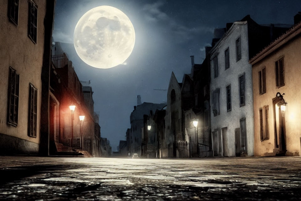 Cobblestone Street at Night with Vintage Street Lamps