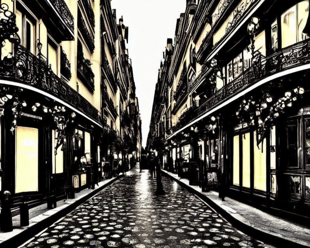 Monochrome image of narrow European street with cobblestones