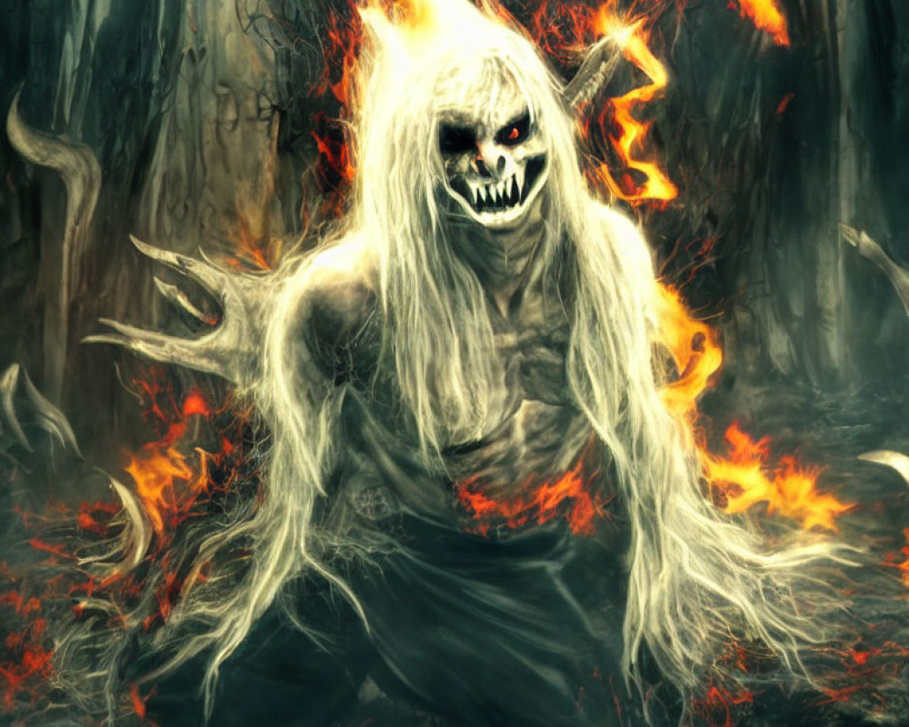 Sinister skull-faced creature with long claws and fiery aura in dark forest