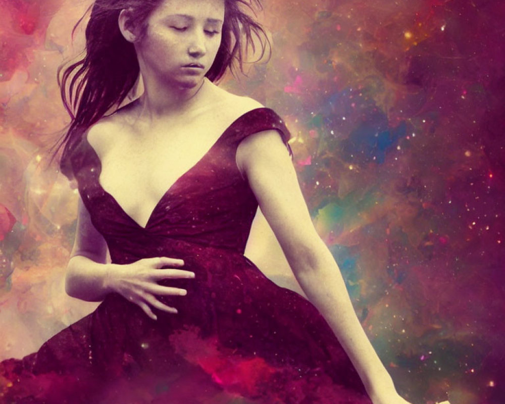 Floating young woman in burgundy dress against multicolored nebula backdrop