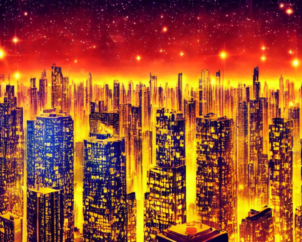 Futuristic cityscape with neon skyscrapers at night