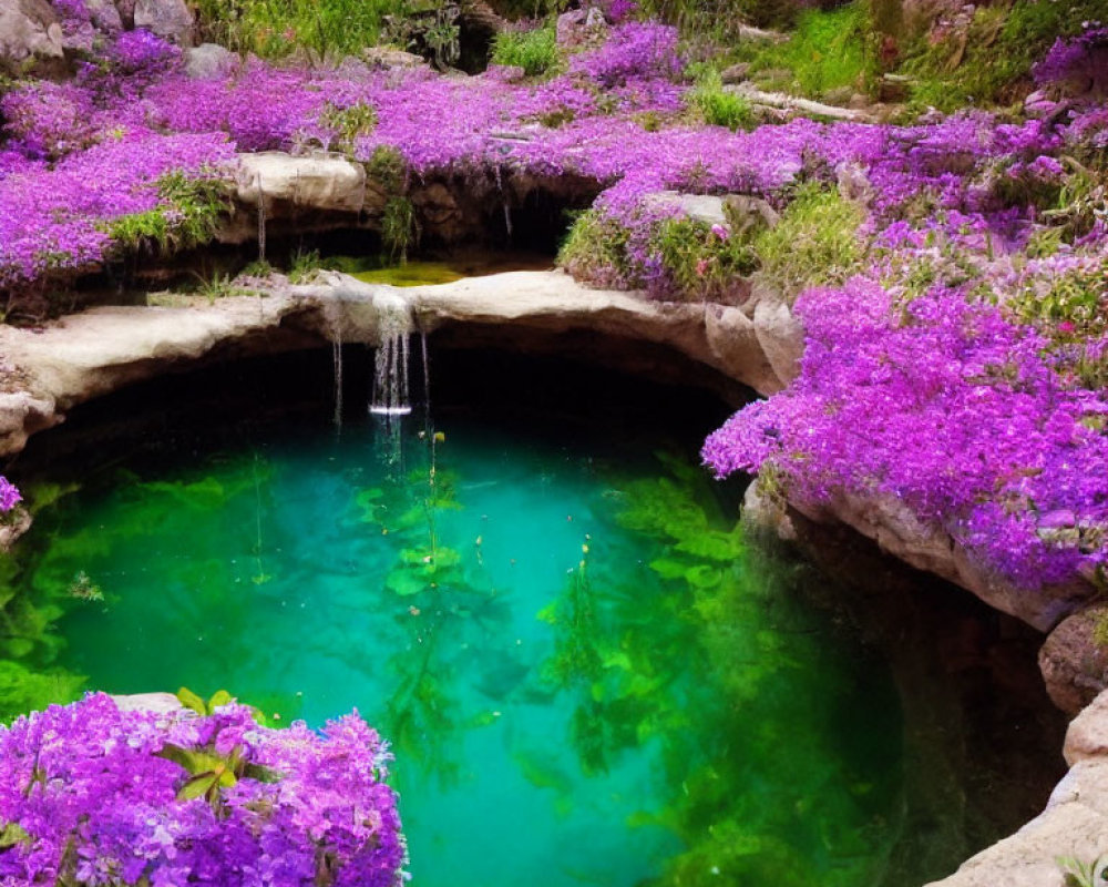 Lush purple flowers and small waterfall in vibrant pond