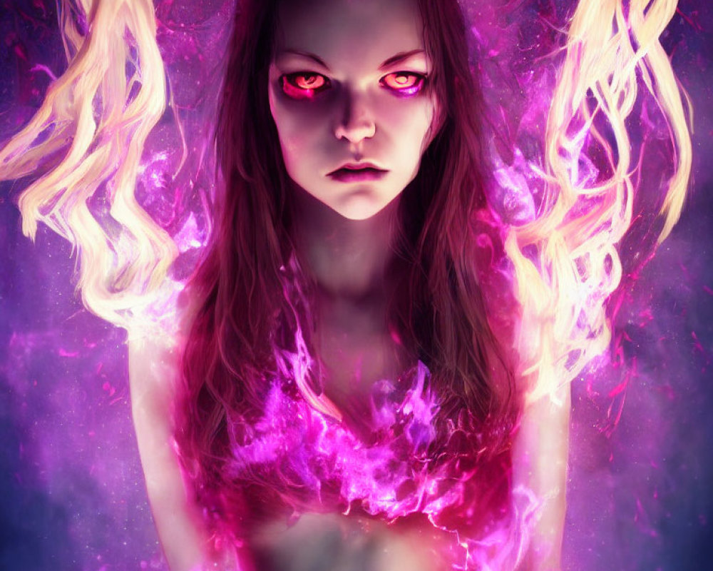 Intense Female Character with Red Glowing Eyes and Fiery Energy on Purple Background