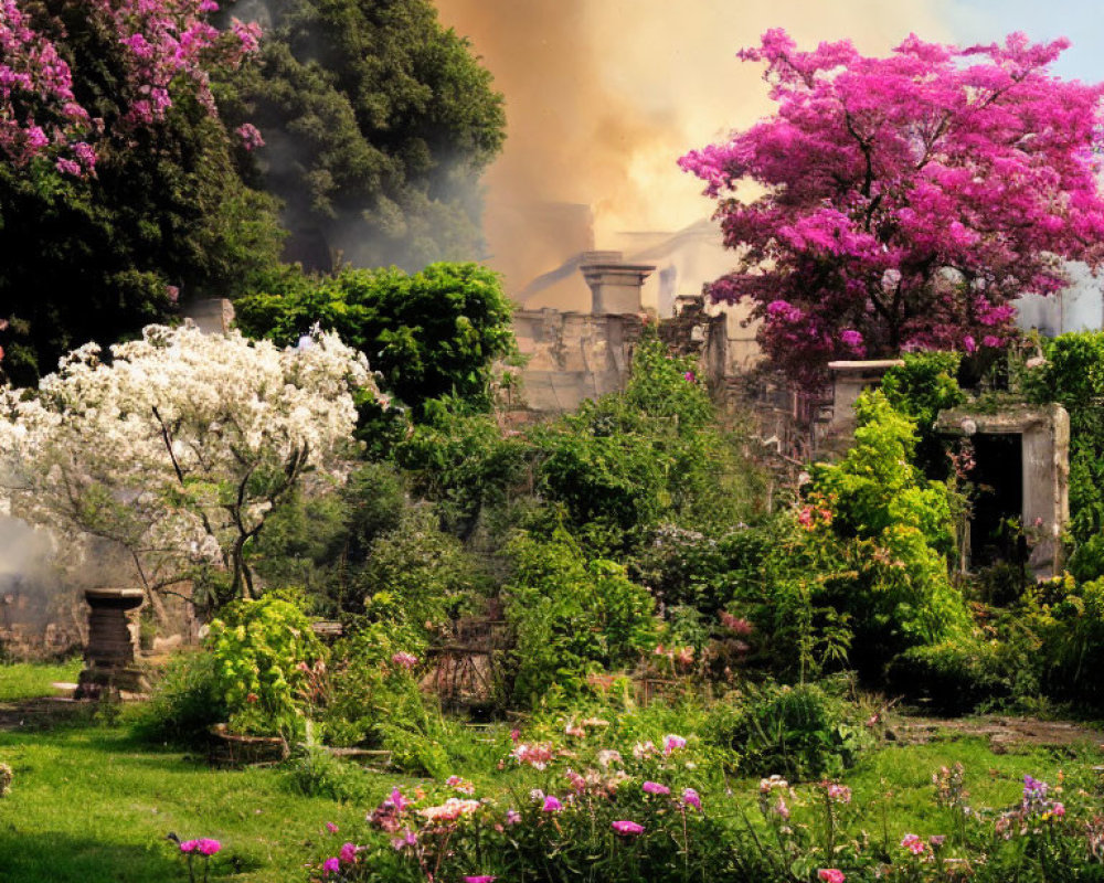 Lush garden with pink and white flowers and rising smoke against clear sky