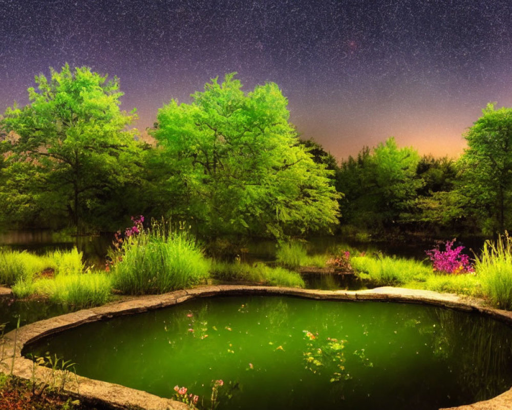 Tranquil pond with starlight reflection, lush greenery, wildflowers, and starry night