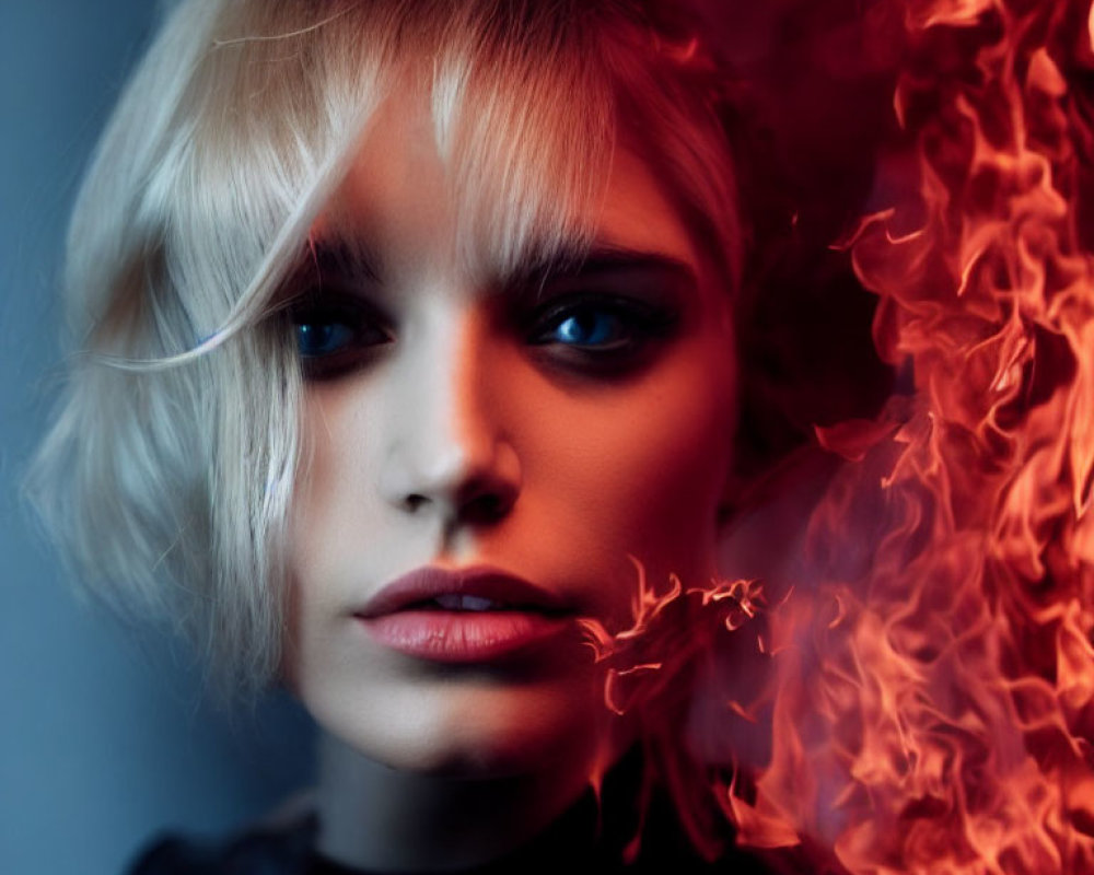 Portrait of Woman with Platinum Blonde Hair and Fiery Orange Visual Effects