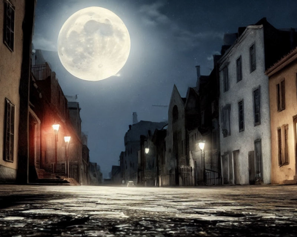 Cobblestone Street at Night with Vintage Street Lamps