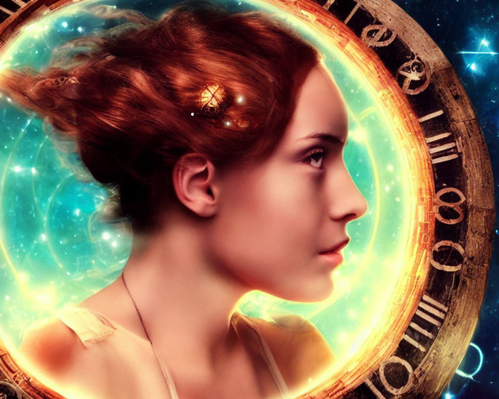 Fiery red-haired woman profile with zodiac signs and cosmic elements