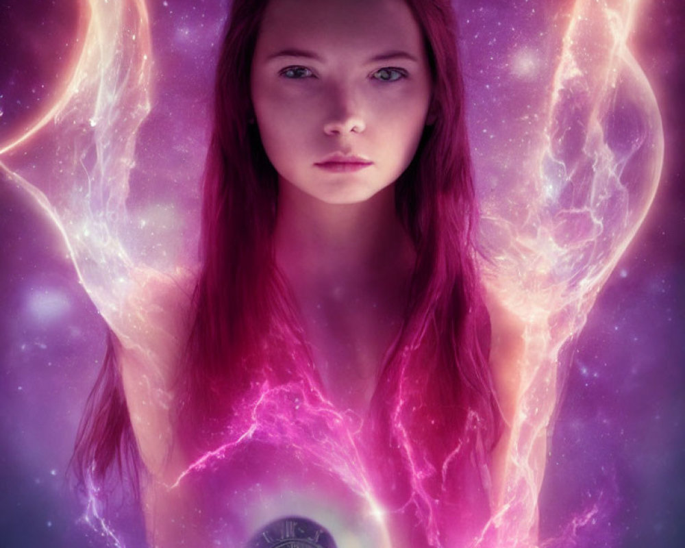 Red-haired woman against cosmic background with pink and purple nebulae