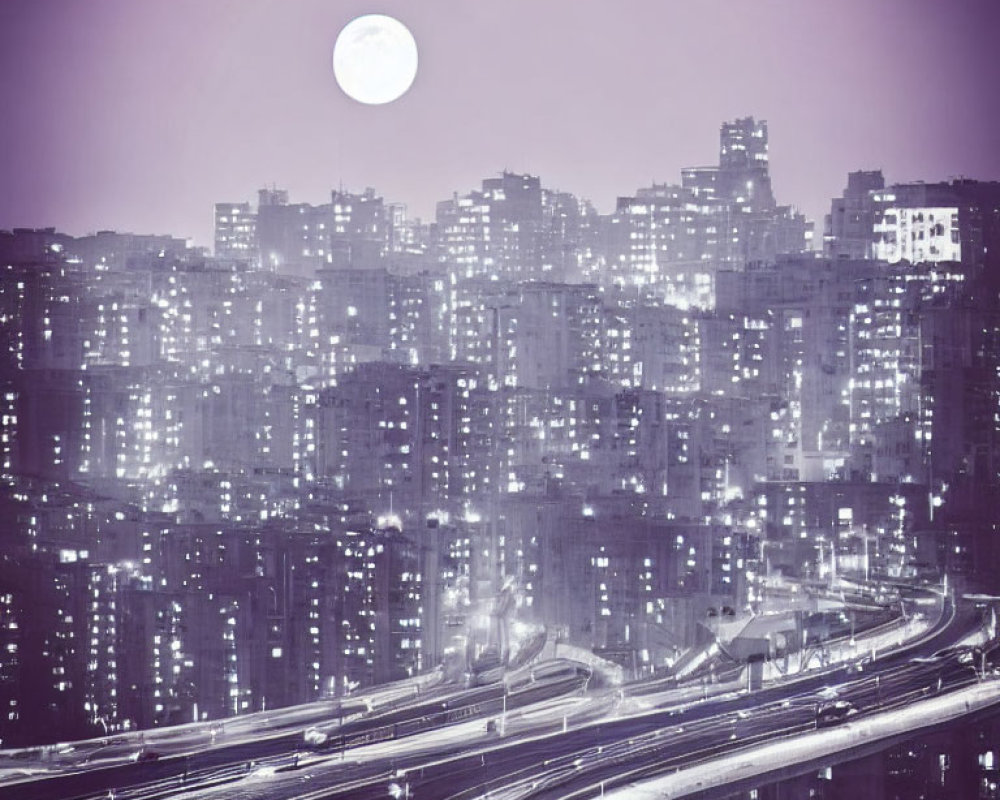 Cityscape night scene with lit buildings, full moon, and multi-level highway.