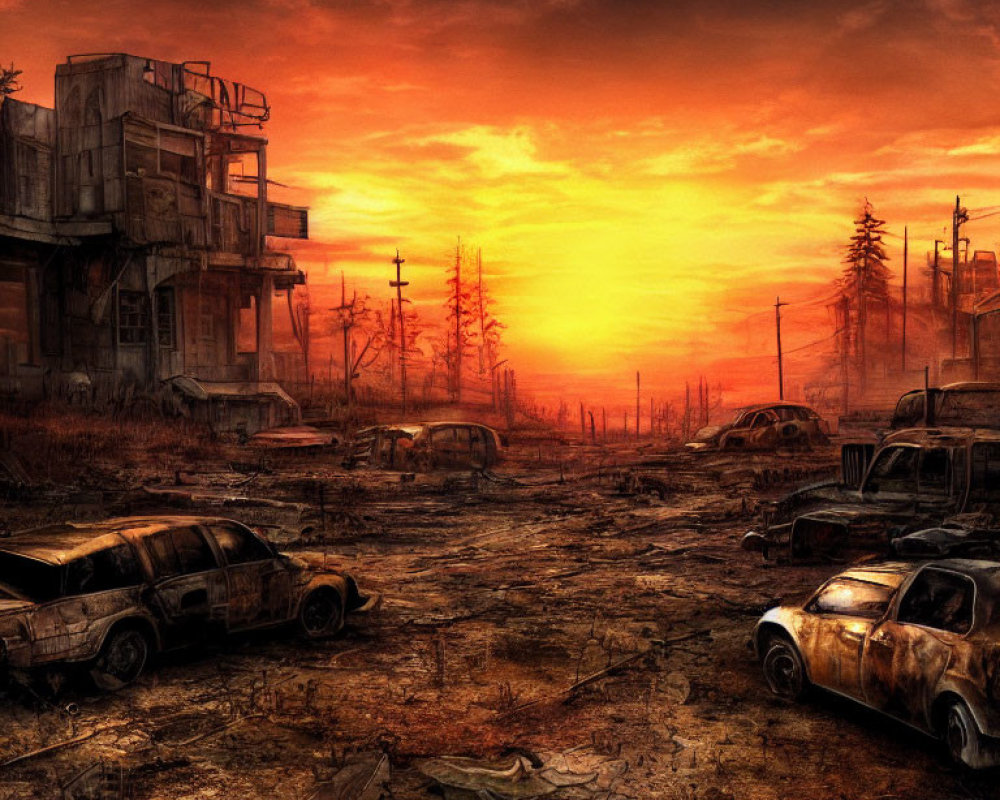 Dilapidated buildings and rusted cars in post-apocalyptic sunset