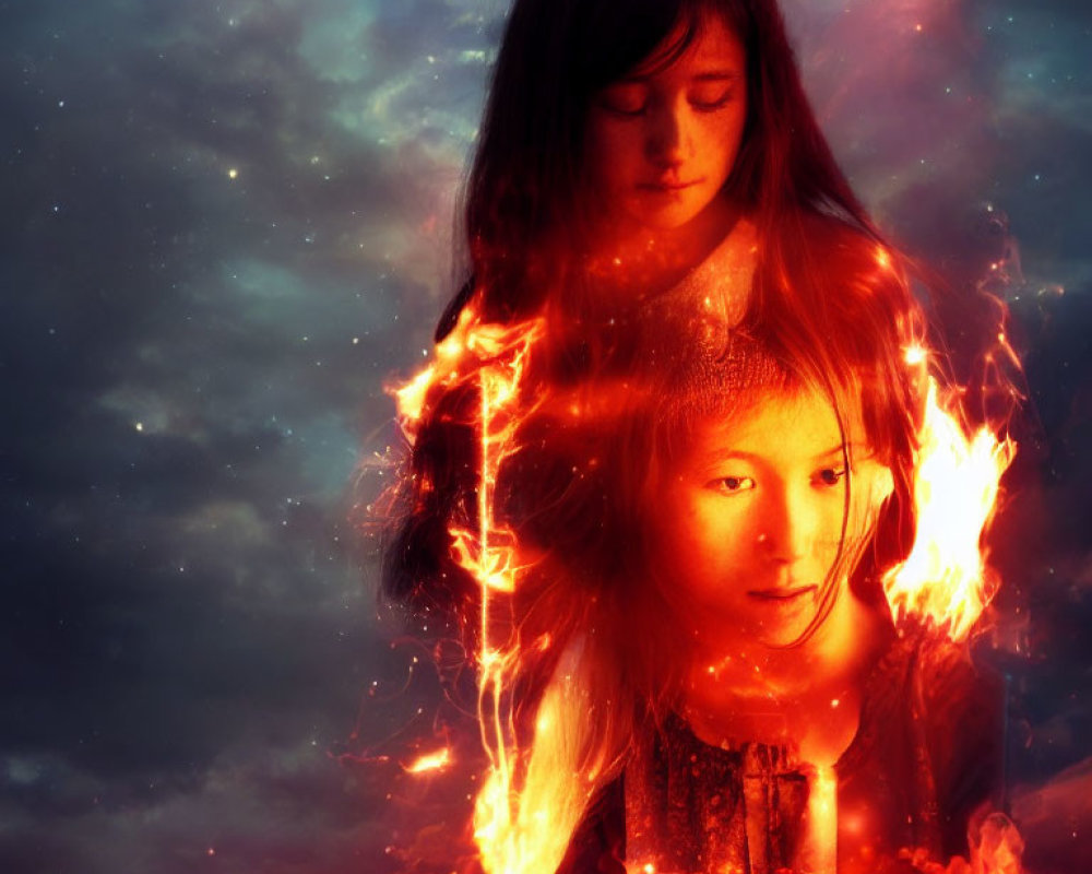 Fiery and ethereal duo under starry sky gaze.