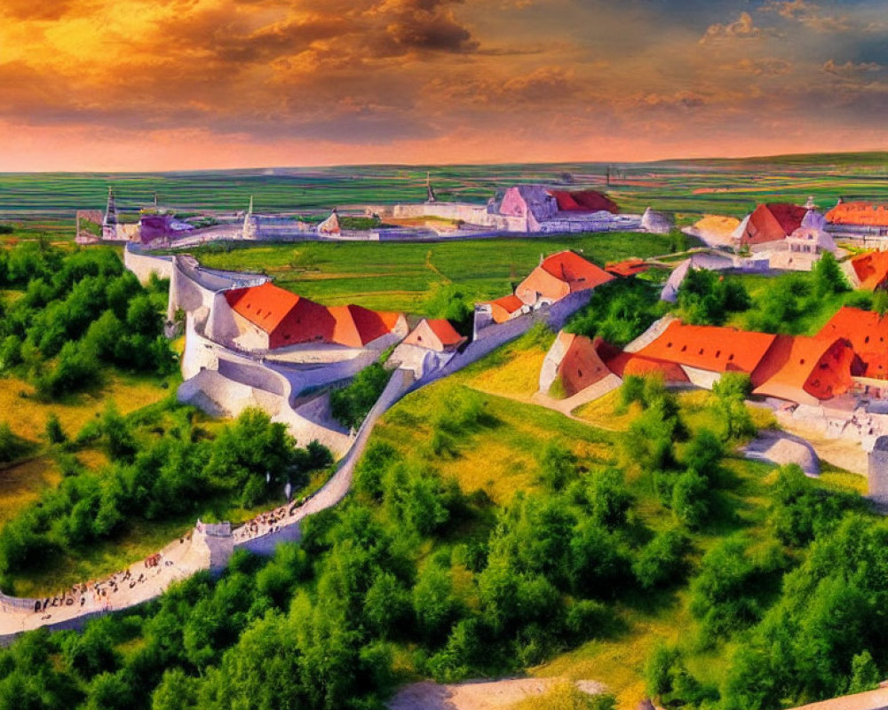 Medieval fortress with red-tiled roofs in sunset landscape