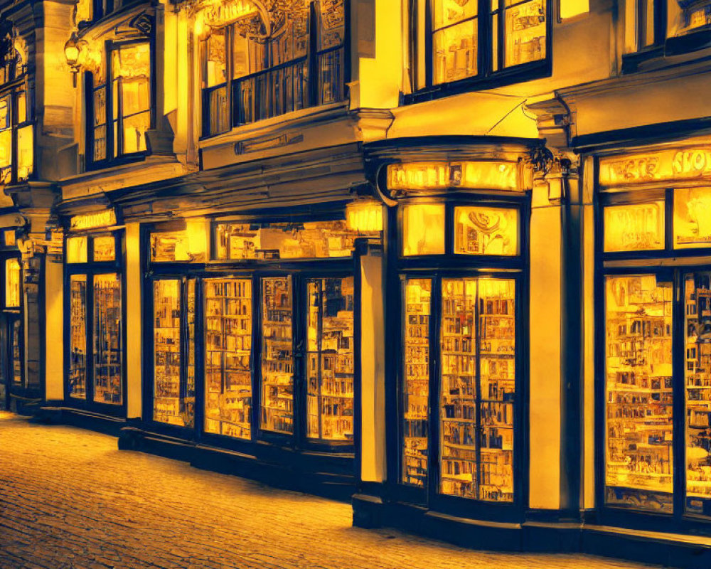 Charming old-fashioned bookstore on cobblestone street at night