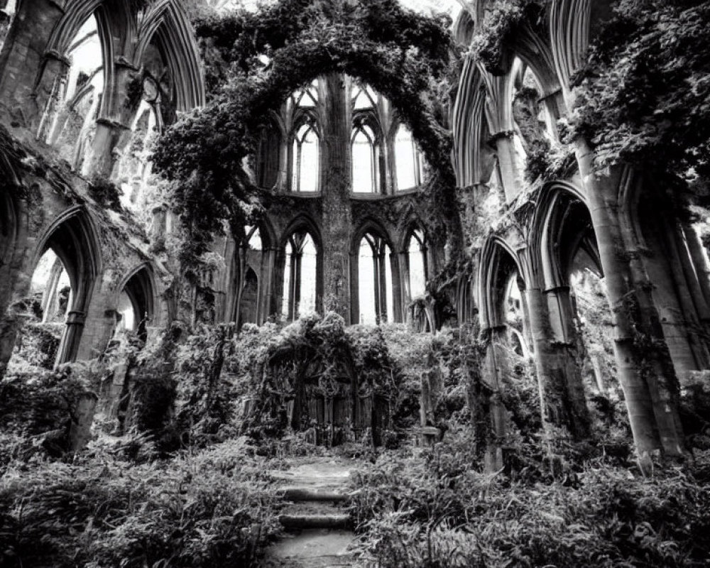 Monochrome image of overgrown Gothic church ruins