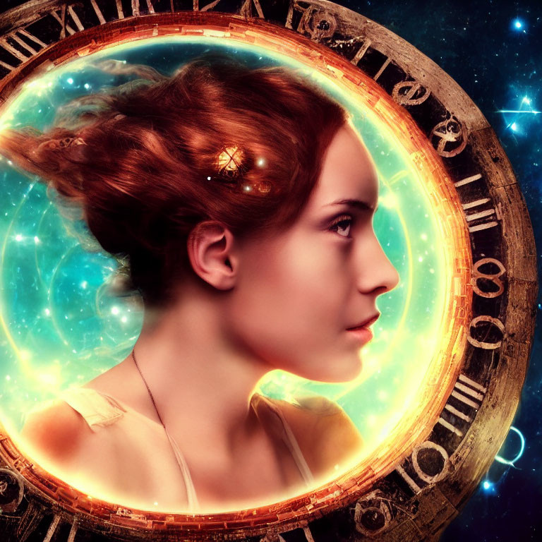 Fiery red-haired woman profile with zodiac signs and cosmic elements