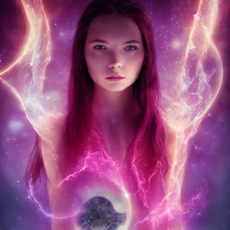 Red-haired woman against cosmic background with pink and purple nebulae
