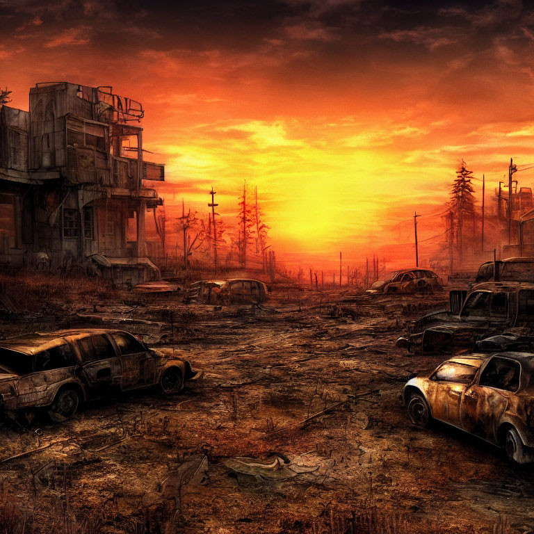 Dilapidated buildings and rusted cars in post-apocalyptic sunset
