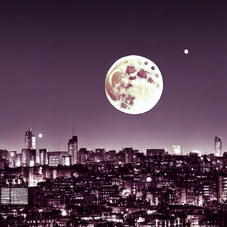 Detailed cityscape under large moon with bright star at night